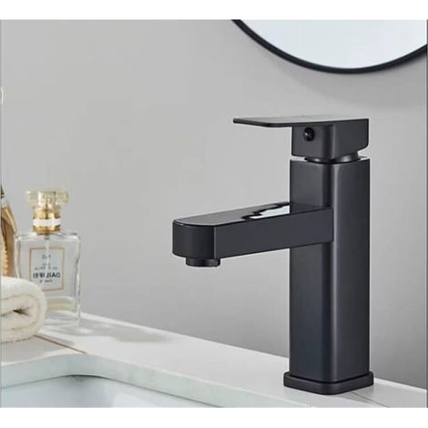 Robinet de salle de bain noir carré à profil bas avec tuyau d'arrivée de 60 cm Robinet de lavabo Robinet d'eau chaude et froide à bec large de style européen (1/2)