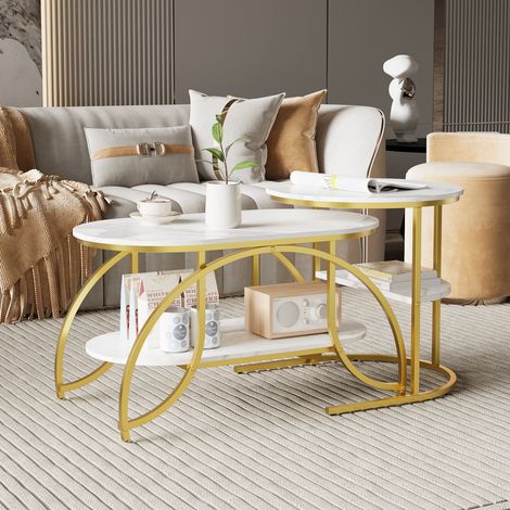 Set di 2 tavolini da salotto gigogne - tavolino da divano - piano in marmo testurizzato - supporto geometrico in metallo - per soggiorno e ufficio - dorato