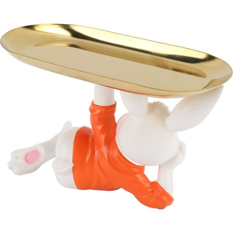 Plateau en forme de lapin, mignon petit, en résine, avec une petite statuette de lapin. Plateau à bijoux avec plateau rectangulaire en acier inoxydable pour présentation et rangement, couleur orange. (1/5)