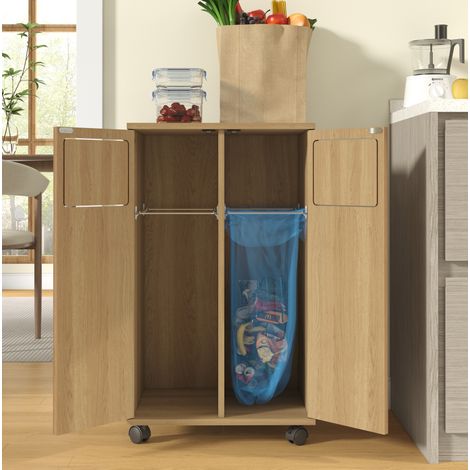 Meuble de tri des déchets 46,7x35x80,3 cm en MDF naturel, avec rangement pour cuisine FloraGrace (1/5)