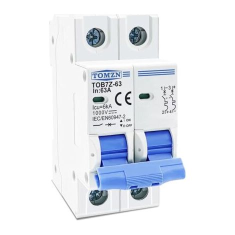 Disjoncteur solaire miniature 2P DC 1000V, avec des intensités nominales sélectionnables de 3A, 6A, 10A, 16A, 20A, 25A, 32A, 40A, 50A et 63A, adapté aux systèmes photovoltaïques. (1/3)