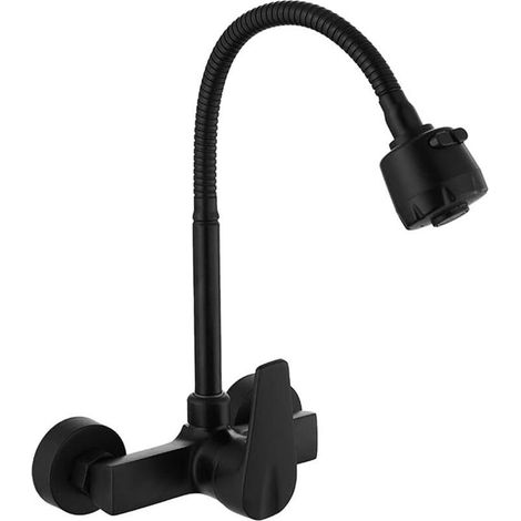 Wall Mounted Kitchen Faucet, 360° Swivel Sink Mixer Tap, Black Brass Swivel Spout, Flexible Hose (1/5)