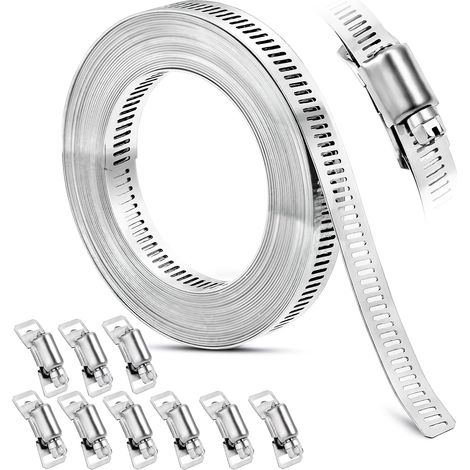 Collier de serrage pour tuyau, sangle métallique de 6 mètres (environ) avec 9 attaches, en acier inoxydable, grand collier de serrage réglable pour tuyaux, applications automobiles et mécaniques. (1/5)