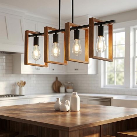 Lustre Moderne,Lumières De Table De Billard En Bois Et En Métal,Hauteurs Suspendues Industrielles Réglables Pour Salle À Manger Et Salon, Couloir Du Hall (A,4 Heads) (1/5)