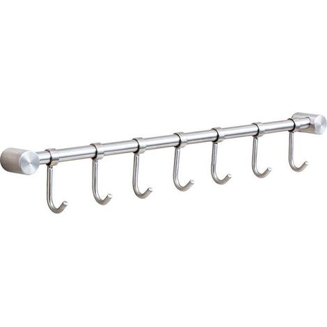 Toallero de acero inoxidable para utensilios y herramientas de cocina con soporte de pared extraíble de 40 cm – 7 ganchos, acabado cepillado (7 ganchos)