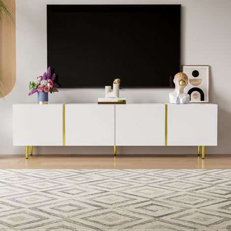 Mobile TV bianco lucido con 4 ante, stile moderno e semplice, design Gold Line, gambe dorate, 170x35x46 cm