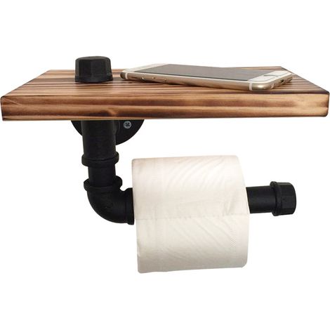 Industrial pipe holder made of wood and iron – wrought iron wall bracket for bathrooms – vintage-style toilet paper holder--DTEKGAZ