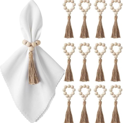 Lot de 12 anneaux de serviette en perles de bois, déco bohème en jute pour table de fête élégante décoration festive raffinée (1/4)