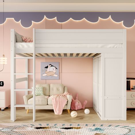 Lit mezzanine enfant 90×200cm pin blanc,armoire,rangement sous lit,sans matelas,polyvalent et sécurisé