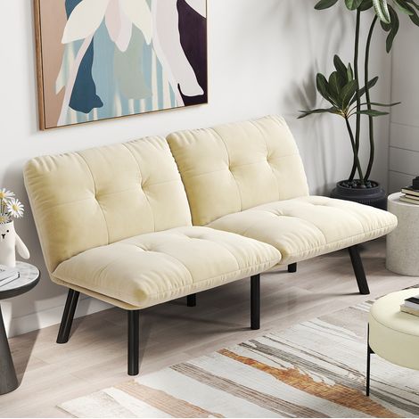 2-Sitzer Schlafsofa klappbar, Schlafunktion, cremefarbener Samtbezug HAVRYA (1/5)