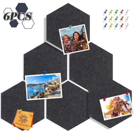 Tableau d'affichage Hexagonal Felt Board Tiles 6 Packs Bulletin Board Notice Board avec 15 pièces Punaises 26 x 30 cm, Gris (1/5)