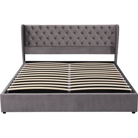 CAIziLit capitonné 180x200 cm en velours gris avec oreilles, coffre hydraulique (1/5)