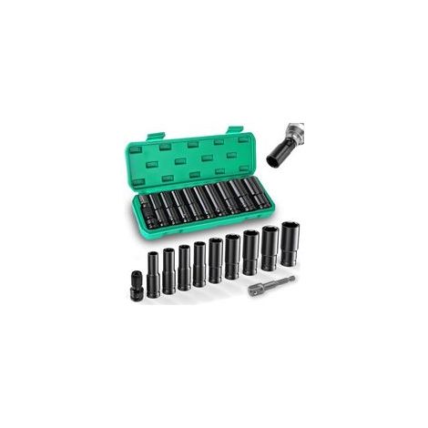 Jeu de 11 douilles à choc 1/2 – Douilles 10-24mm avec 2 adaptateurs – Acier traité pour durabilité – Conception anti-glissement (1/5)