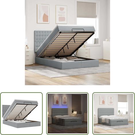 vidaXL LED-Beleuchtung - Ottoman-Bett mit Matratze & LEDs Hellgrau 140x190 cm Stoff (1/5)