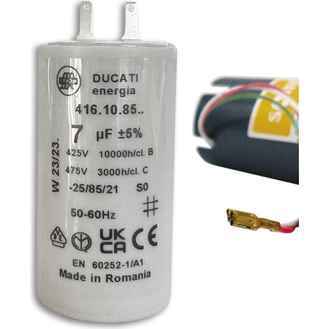 Condensateur 7 µF 450V – Cylindrique avec 2 cosses Faston 2,8 mm – Pour moteurs de volets roulants SOMFY, SIMU, NICE