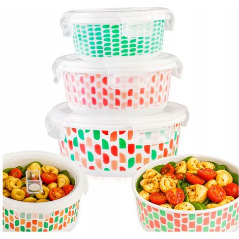 Set di 3 contenitori rotondi in vetro (capacità 400, 650, 950 ml) verdi e rosa