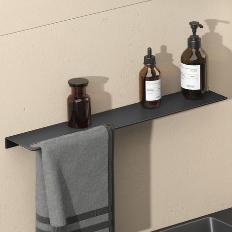 doporro Duschablage ohne Bohren aus Aluminium, Länge 60 cm, selbstklebendes Duschregal mit Handtuchhalter, 2-in-1 Badezimmer Organizer für Dusche & Bad, Matt schwarz