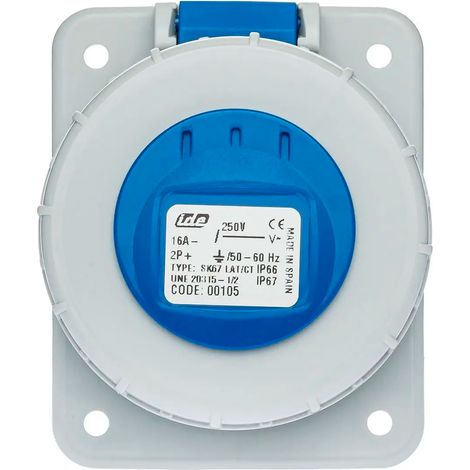 Base enchufe industrial hembra 2P+T 250V IP67 empotrar  Azul 16 A (1/5)