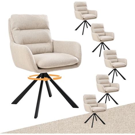 Bon Furni Tissu texturé Chaise de salle à manger Beige, Lot de 6, pivotante 360°, dossier segmenté, accoudoirs et pieds en métal robustes