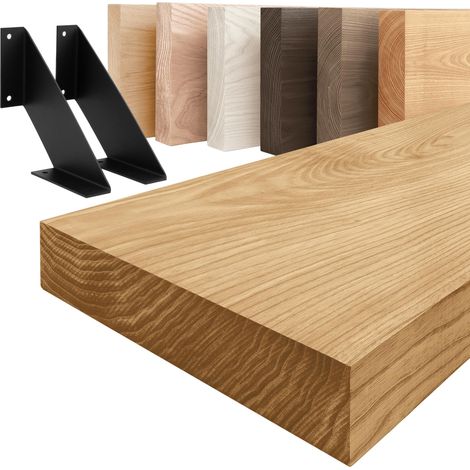 LAMO Manufaktur étagère murale en bois massif, bord régulier, étagère de rangement Vintage, bois rustique / équerre noire 40cm, LWG-01-A-003-40VS