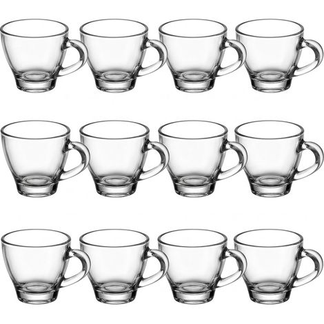 Set 12 Tazzine in Vetro per Caffè Ginseng e Orzo  90 ml di Capacità Trasparenti con Manico Design Ergonomico Resistente, Ideale per Casa e Uso Professionale HORECA.
