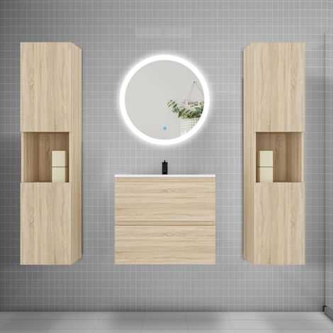 Ensemble meuble vasque L.60cm 2 tiroirs + lavabo + LED miroir rond 60cm + 2colonne,chêne Aica