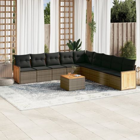 Ensemble de Salon de Jardin en Résine Tressée Gris 10 pièces avec Coussins et Table Acacia (1/5)
