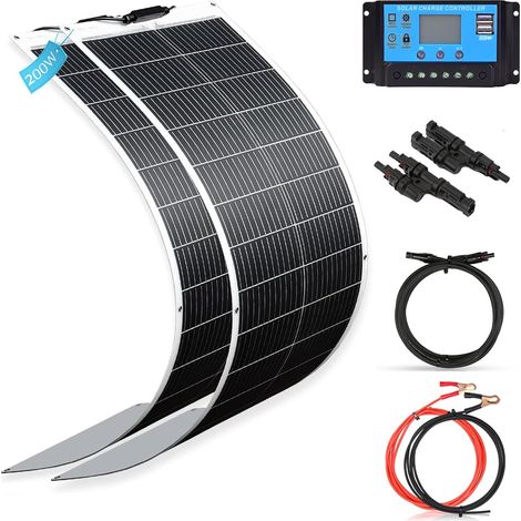 Panneau Solaire Souple 200W 18V 2pcs 100W Monocristallin Panneau Solaire Flexible Photovoltaïque pour Camping-car, Bateau, Caravane (200W-Blanc) (1/5)