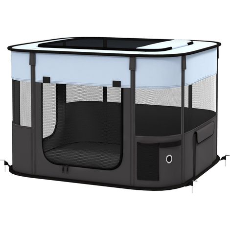 Welpenauslauf, Welpenlaufstall mit Türen, Fenster, faltbar Laufgitter, Atmungsaktiv Netz, für kleine Hunde unter 4 kg und Kleintiere, Indoor und Outdoor, 74 x 60 x 45 cm, Grau