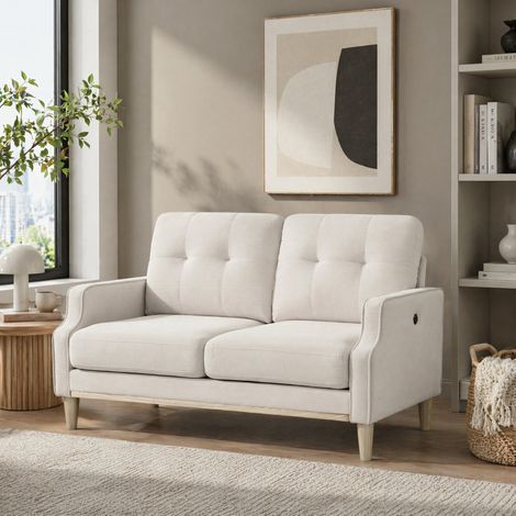 Canape tissu beige avec port USB et pieds bois OKMYHOME (1/5)