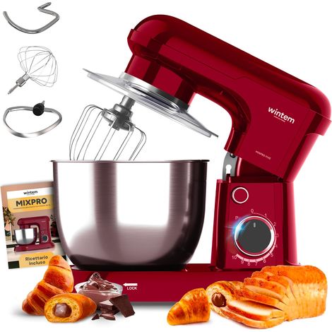 Avilia Impastatrice Planetaria Ciotola in Acciaio 5L Rosso - 15000W e 10 Velocità - Silenziosa e Classe di Protezione II - Include Gancio a Uncino per Impasti, Battitore e Frusta (1/5)