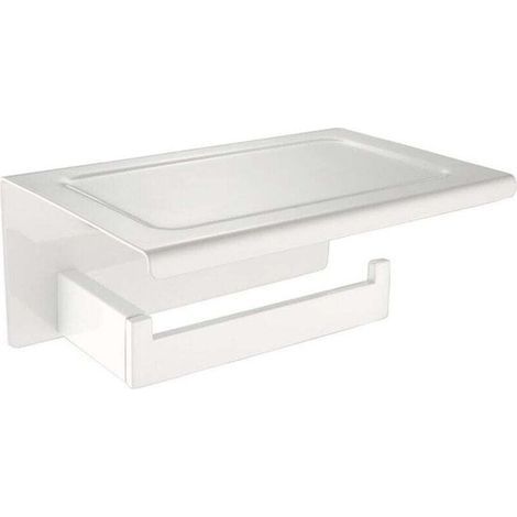 Portarrollos de papel higiénico contemporáneo con estante, fabricado en acero inoxidable 304 duradero, de color blanco suave y diseño moderno. Decoración ideal para baño, aseo y cocina. (1/5)