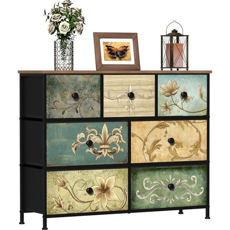 7 Drawer Chest of Drawers, Boho Dressing Table with Wooden Top, Fabric Drawers, Metal Frame, Storage for Living Room, Kids Room, Bedroom, Hallway (1/5)
