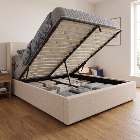 Lit coffre double 160x200 cm avec sommier, lit adulte capitonné en lin, tête de lit à oreilles, style moderne, Beige (1/5)