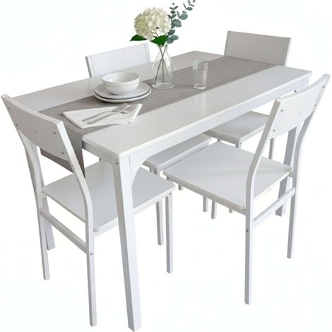 Juego de Mesa y 4 Sillas Cocina, Conjunto de Cocina Comedor, Melamina Color Blanco Brillo