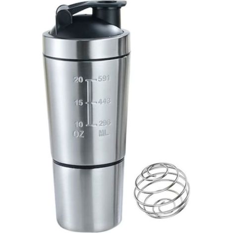 Shaker à protéines QttvbTna, inox brossé, contenance 600 ml, couvercle silicone, dimensions 25,5 x 9 cm, argenté (1/5)