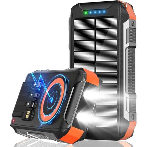 Batterie Externe Solaire avec 4 Câbles, 26800mAh Chargeur Solaire Portable sans Fil Power Bank USB-C 30W Charge Rapide 7 Sorties Power Bank avec Lampe de Poche pour l'extérieur, Le Camping (1/5)