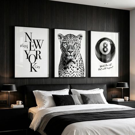 Lot de 3 posters déco noir et blanc, affiche New York, portrait de léopard et boule de billard 8, tableau pour le salon et la chambre mural moderne sans cadre (40x60cm) (1/5)