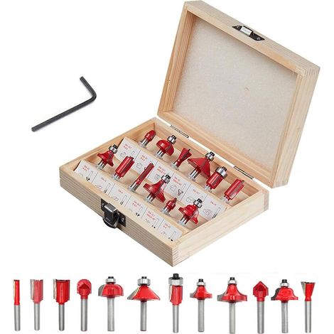12tgl Fräsersatz Set für Holzbearbeitung 6mm Nutfräser Profilfräser für Oberfräse Holzfräser Fräser Bit Set mit Schraubenschlüssel (Rot) (1/5)