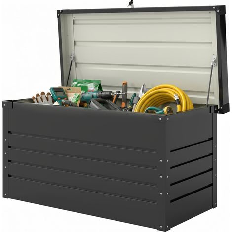 350-Liter-Gartenbox aus anthrazitgrauem Metall mit doppelten Gasdruckfedern und abschließbarem Fach für Kissen und Werkzeug (1/5)
