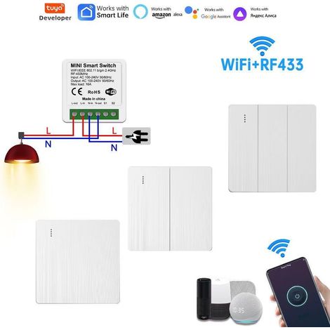 Module interrupteur intelligent mini WiFi Tuya, contrôle à distance via application, compatible avec Alexa, assistants vocaux, module de commutation domotique pour maison connectée (1/2)