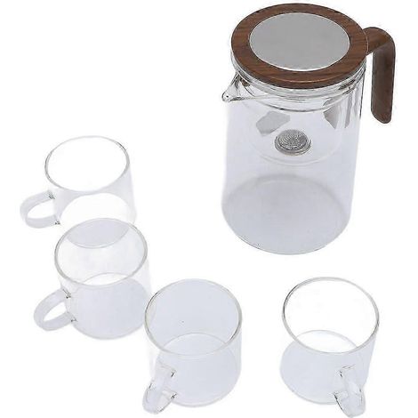 Théière en verre borosilicate transparent de 800 ml, résistante à la chaleur, avec filtre et poignée anti-brûlure. Fournie avec 4 tasses rondes. Idéale pour la maison et le bureau. (1/5)