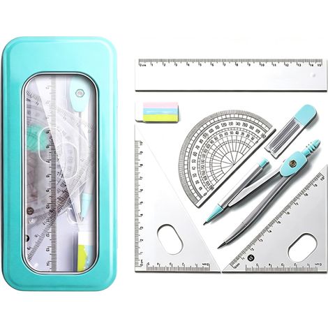 Irovami Kit géométrie 8 pièces bleu-vert – compas, équerre, collège (1/5)