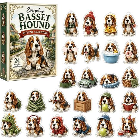 Weihnachts-Adventskalender mit Basset Hounds 2026 - 24 flache 2D-Acryl-Hängeornamente - niedliche Basset-Hound-Figuren - Weihnachtsbaumschmuck und einzigartiges Geschenk für Hundeliebhaber (2D-Acryl) (1/5)
