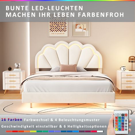 Lit enfant 140 x 200 cm, lit rembourré multifonctionnel, lit fille, lit princesse pétale, lit simple, lit ado, velours, beige (1/5)