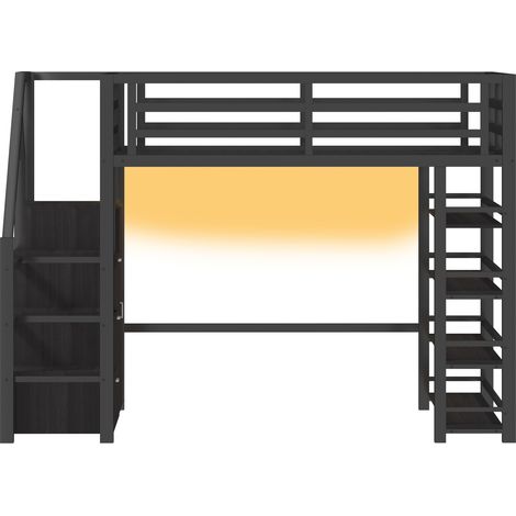 Letto a soppalco 140x200 in MDF e metallo nero con scaffali, armadio, scala e LED (1/5)