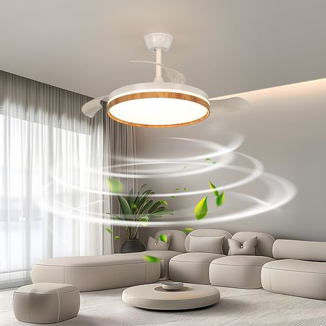 Ventilateur de Plafond LED Blanc Bois 36W 3 Pales Rétractables Télécommande 3000K-6500K Ø106 cm