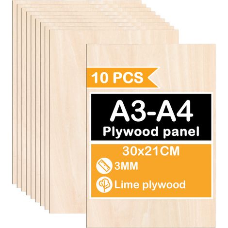 SWANEW 10 pezzi Foglio di legno  300 x 210 x 3 mm  Grezzi sottili di compensato  Foglio perfetto per seghetto, pirografia, taglio laser, traforo, router CNC A3/A4 (1/5)