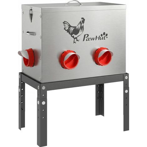 Mangeoire pour poulets, capacité de 18 kg, avec couvercle verrouillable, pieds réglables, 6 ouvertures, dimensions 42 x 25 x 55,5 cm, argent.
