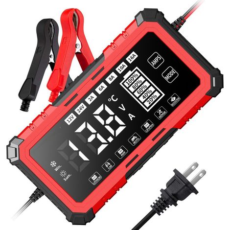 SWT-1608 RougeChargeur de batterie automobile 12 V/24 V/15 A pour batteries au plomb-acide au lithium-fer-phosphate, chargeur 12 V compatible avec les batteries au plomb-acide (1/4)